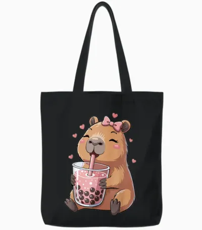 Cute Capybara Drinking Bubble Tea for Girls Capybara Tote Bags - Black