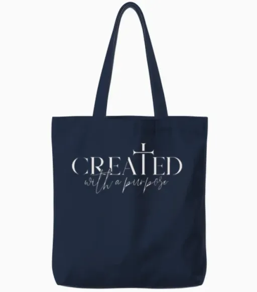 Created with a Purpose Ephesians 2:10 Bible Verse Tote Bags in Navy