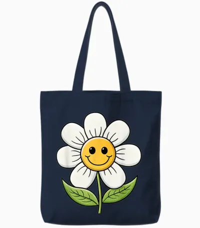 A Funny Flower with Face and Leaves Cheerful Flowers T-Shirt, Black, S Tote Bags - Navy