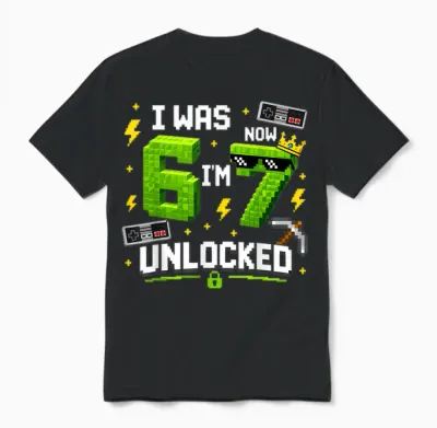 7th Birthday I Was 6 Now I'm 7 Unlocked 67 Boys Unisex T-Shirt - Black
