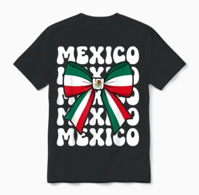 Mexico Coquette Bow Mexico Flag Cute Retro Mexican Girl Unisex T-Shirt - Black
