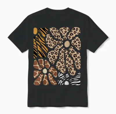 Safari Floral Boho Flowers Cute Animals Girls Leopard Print Unisex T-Shirt - Black