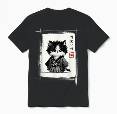 Samurai Cat Japanese Art Sumi-E Novelty Kawaii Funny Cat Unisex T-Shirt - Black
