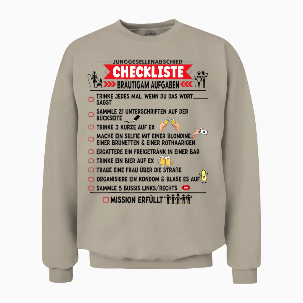 Men's Groom Jga Tasks Checklist Stag Night T-Shirt, White Unisex Sweatshirt in Sand