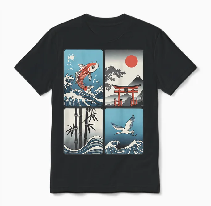 Japanischer Koi-Fisch, Die Große Welle Vor Kanagawa Kanji (rückseite) Unisex T-Shirt in Black