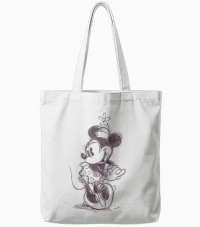 Disney Mickey and Friends Minnie Mouse Sketch Portrait T-Shirt, White, S Tote Bags - White