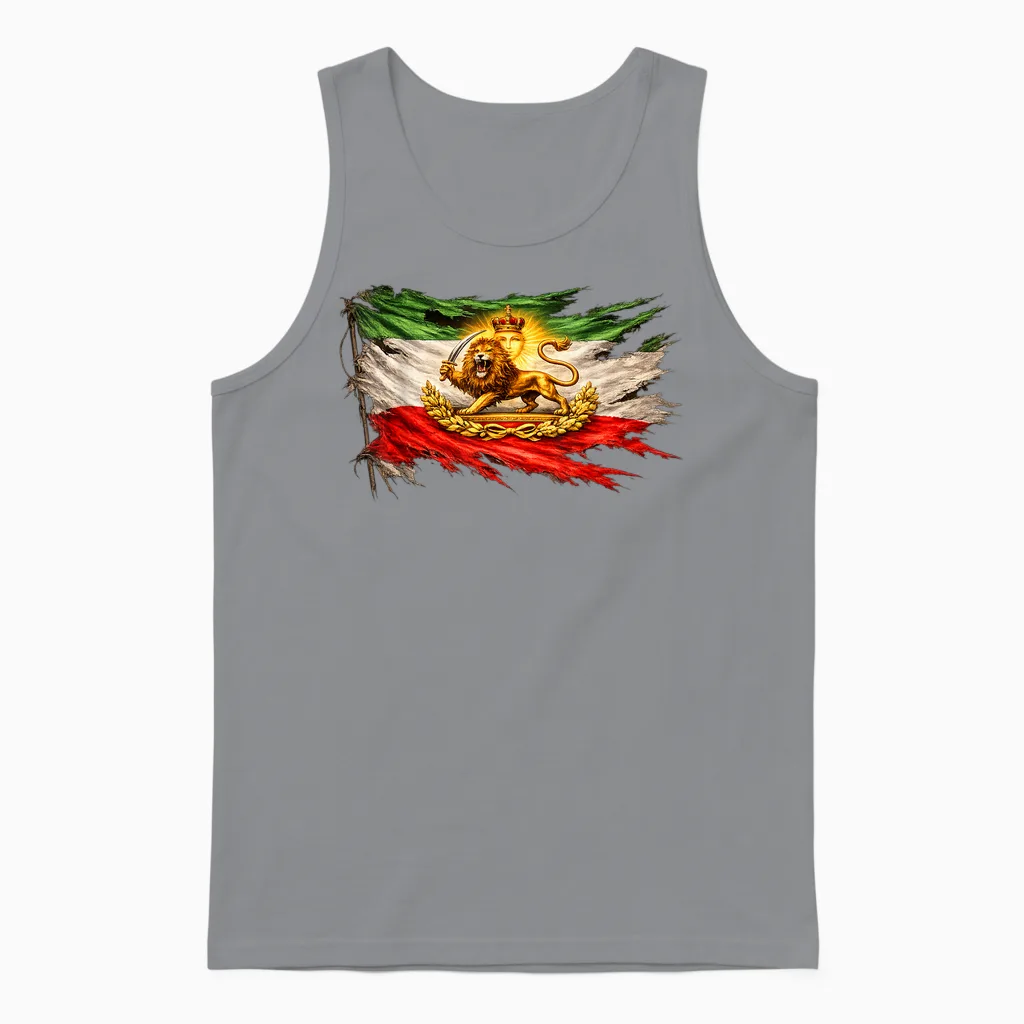 Iran Flag with Lion and Sun Emblem, Vintage Persian Heritage Unisex Tank Top in Sport Grey