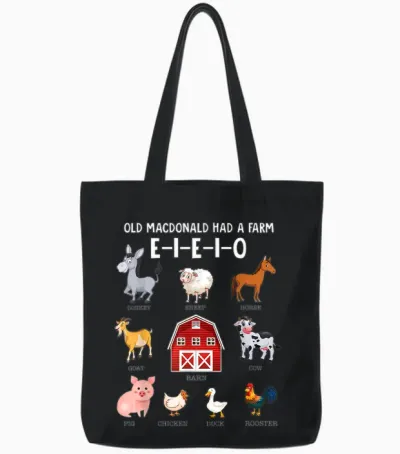 Toddler Kids Farm Animals Old Macdonald Had a Farm E-I-E-I-O Tote Bags - Black