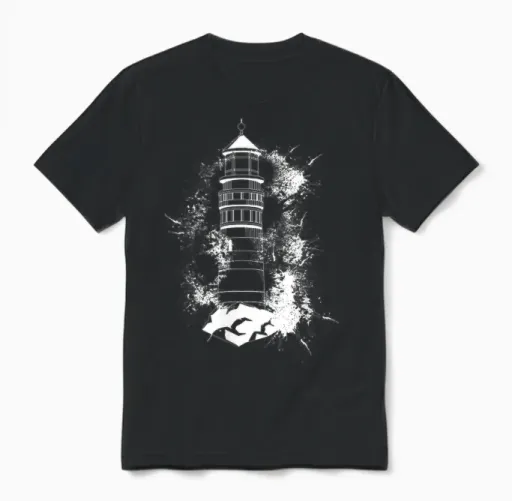 Lighthouse T-Shirt Sea Light Seagulls Coast Harbour Maritime Lighthouse, Black, S Unisex T-Shirt in Black