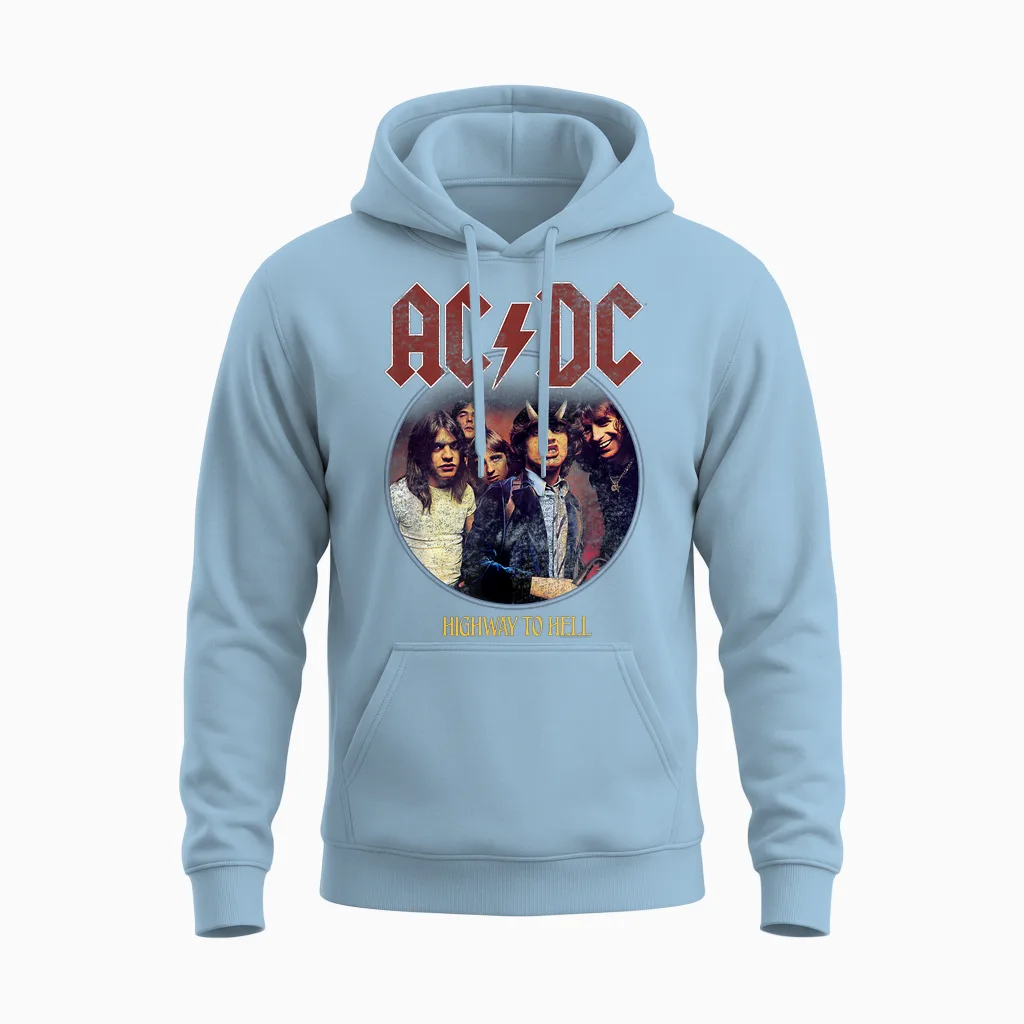 Official Ac/dc Highway to Hell Circle Rock Music Band Unisex Hoodie in Light Blue