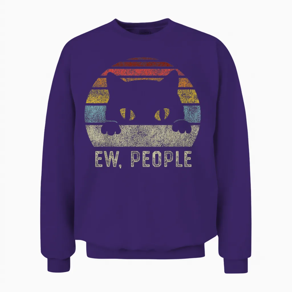 Ew People Retro Cat Funny Vintage Anti Social Introvert Unisex Sweatshirt in Purple