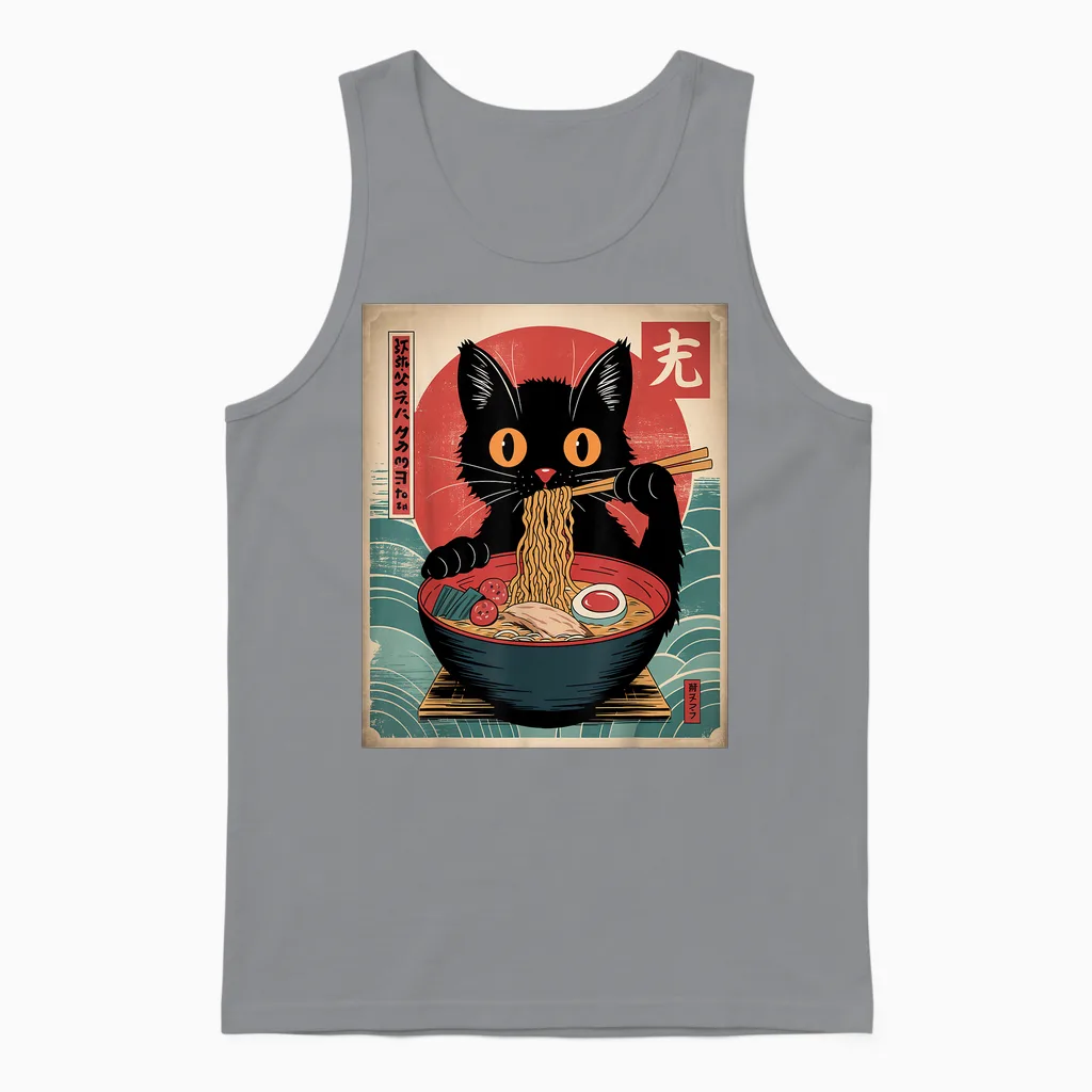Noodles Eating Cats Eating Japanese Ramen Kawaii T-Shirt, Black, S Unisex Tank Top in Sport Grey