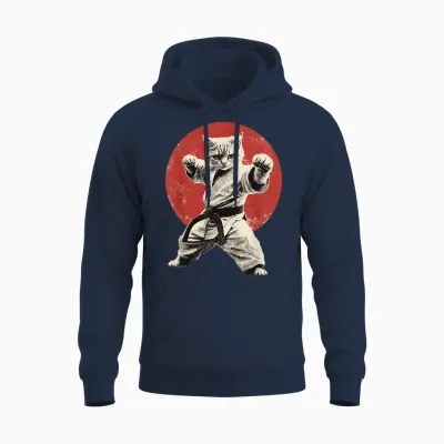 Cat Karate Judo Japan Japanese Flag Funny Graphic Unisex Hoodie - Navy