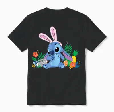 Disney Stitch Easter Bunny Ears & Eggs Tropical Spring Pals Unisex T-Shirt - Black