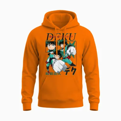 My Hero Academia Deku Action Poses Collage with Kanji Anime Unisex Hoodie - Safety Orange
