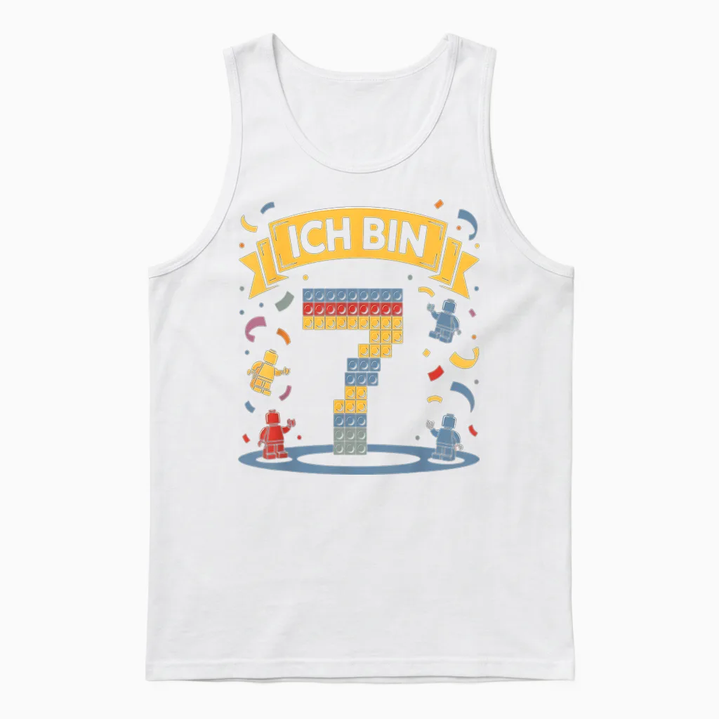 T-Shirt with German Text "ich Bin 7 Bausteine 7th Birthday" Boys Girls Birthday Unisex Tank Top in White