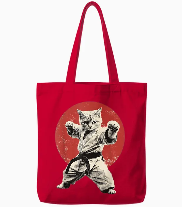 Cat Karate Judo Japan Japanese Flag Funny Graphic Tote Bags in Red