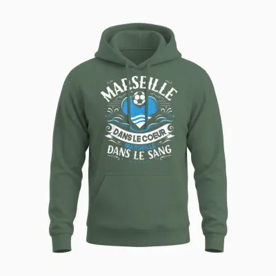 Gift Marseillais Funny Heart Marseille Football T-Shirt, Black Unisex Hoodie - Military Green
