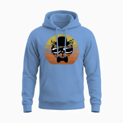 Funny Retro Cat with Sunglasses and Bow Tie Retro Unisex Hoodie - Carolina Blue