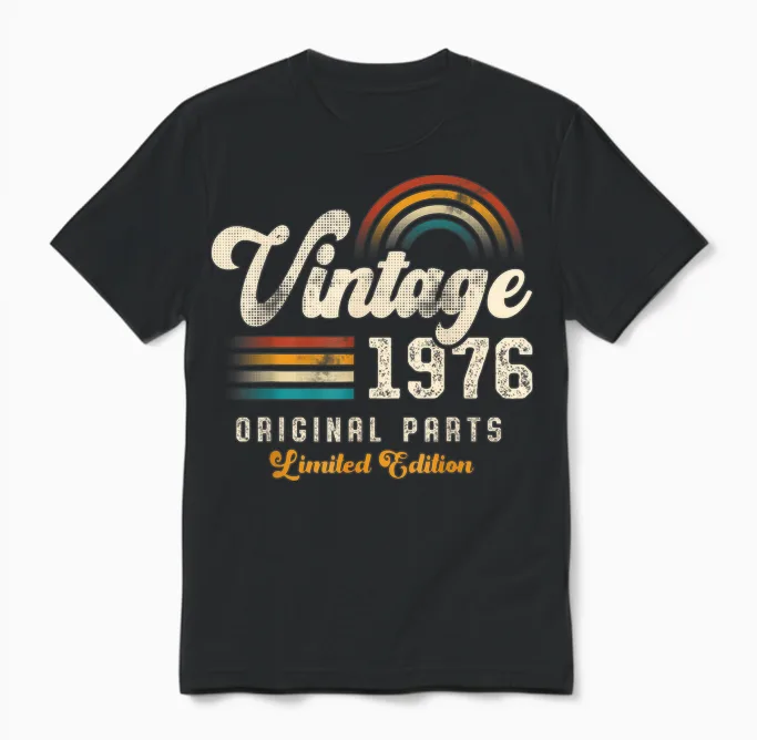 Vintage 1976 Original Parts 49th Anniversary Retro Unisex T-Shirt in Black