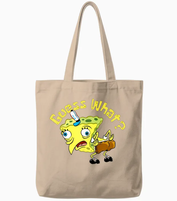 Spongebob Mocking Meme Guess What Chicken Butt Spongebob Tote Bags in Natural
