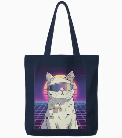 Retro Neon Cat Tote Bags - Navy