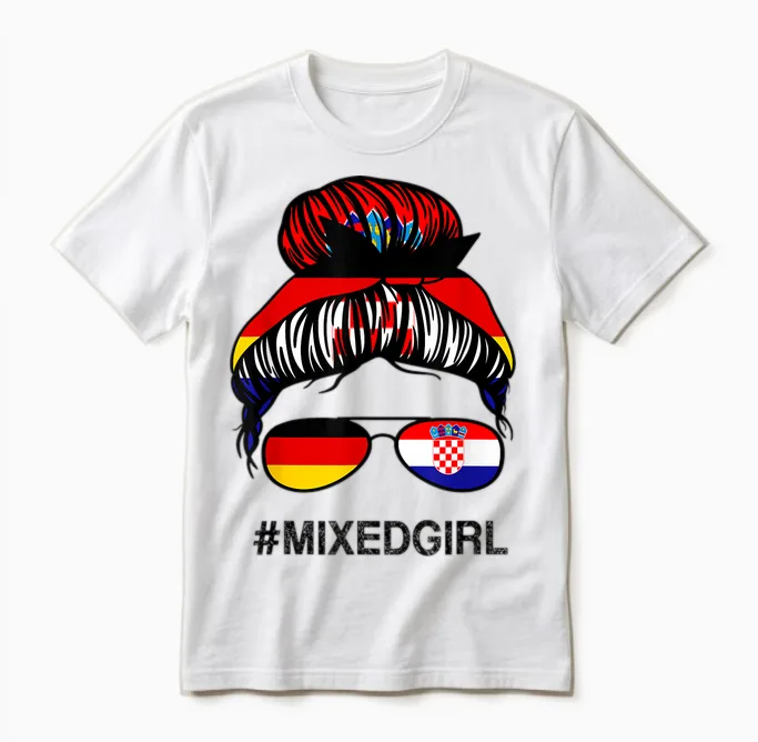 Vintage Croatian Retro Style Gifts Kroatien Deutschland Flagge Kroatisch Deutsch Unordentlicher Dutt T-Shirt Für Mädchen, Multicolored, Small, Kurzarm, Klassische Passform, Unisex T-Shirt in White