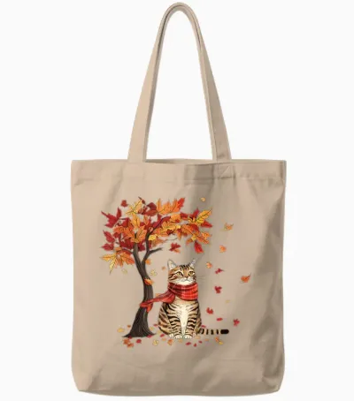 Cat Leaf Fall Tree Hello Autumn Thanksgiving It's Fall Y'all Tote Bags - Natural