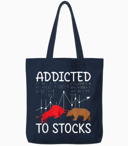Stock Addicted Fun Trading Stock Trader T-Shirt, Black, S Tote Bags - Navy