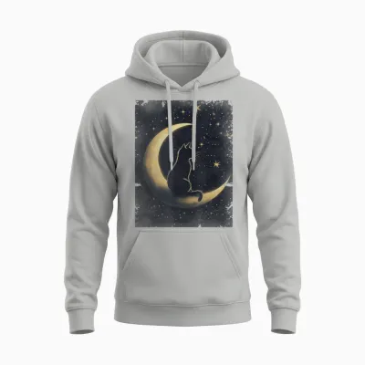 Coole Art Grafik Schwarze Katze Mit Mond Unisex Hoodie - Ash