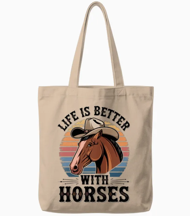 Life Is Better with Horses, Retro Horse Lover Tote Bags in Natural