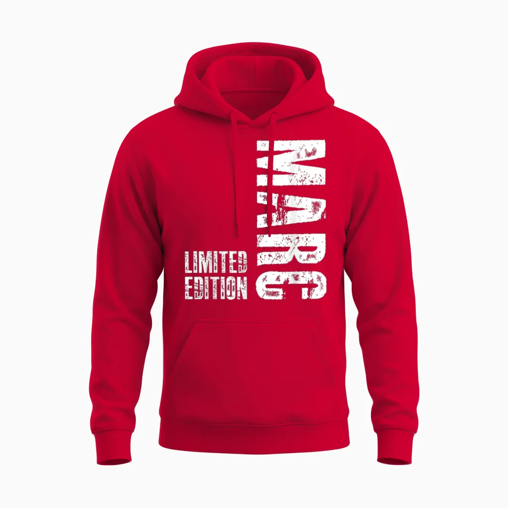 First Name Limited Edition Birthday Gift for Marc T-Shirt, Black Unisex Hoodie in Red