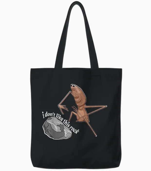 Marcus the Worm I Don't Like This Rock Tote Bags in Black