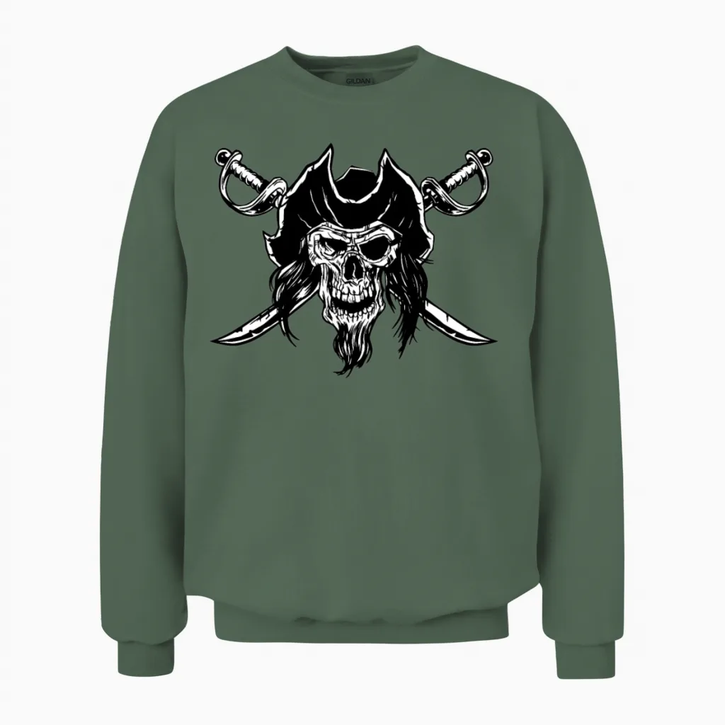 Pirate Skull and Bones Crossed Swords Unisex Sweatshirt in Military Green