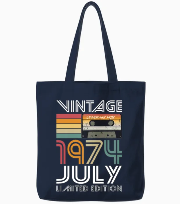 50th Birthday Vintage July 1974 Limited Edition Tote Bags in Navy