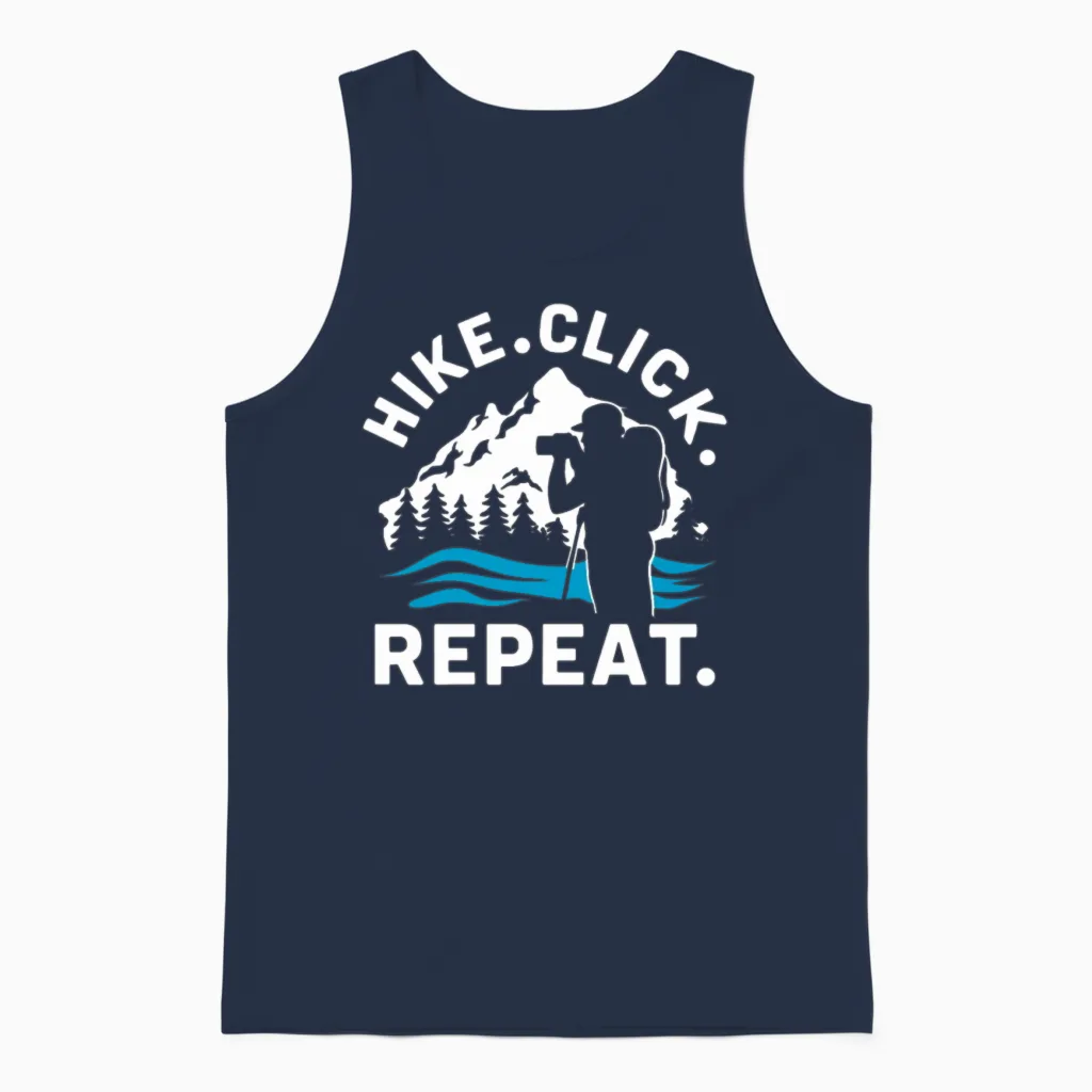 Hiking Photographers Hike Click Repeat Outdoor Unisex Tank Top in Navy
