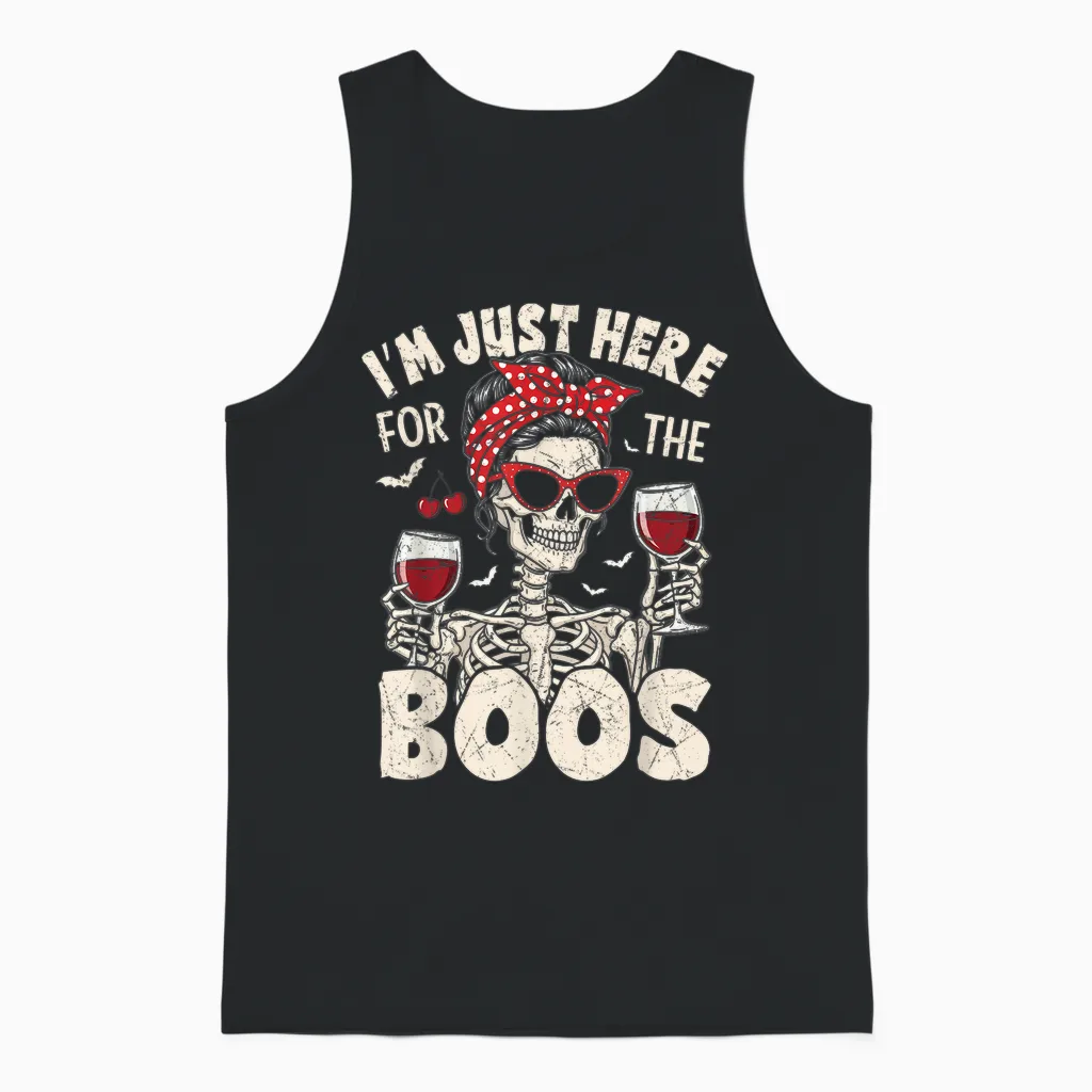 Women Halloween Funny I'm Just Here for the Boos Skeleton Unisex Tank Top in Black