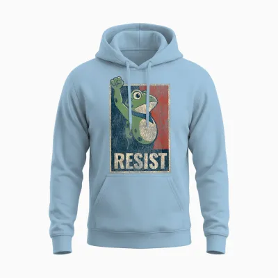 Portland Frog Protest Resist Raised Fist Distressed Retro Unisex Hoodie - Light Blue