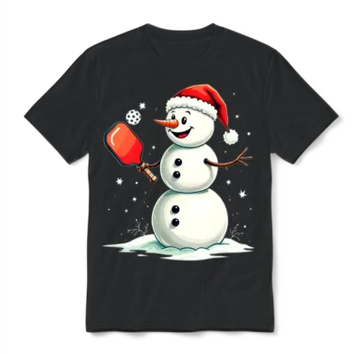 Snowman Pickleball Paddle Christmas Santa Unisex T-Shirt - Black