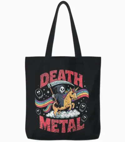 Death Metal Music Reaper Unicorn Rainbow Fun T-Shirt, Black, S Tote Bags - Black
