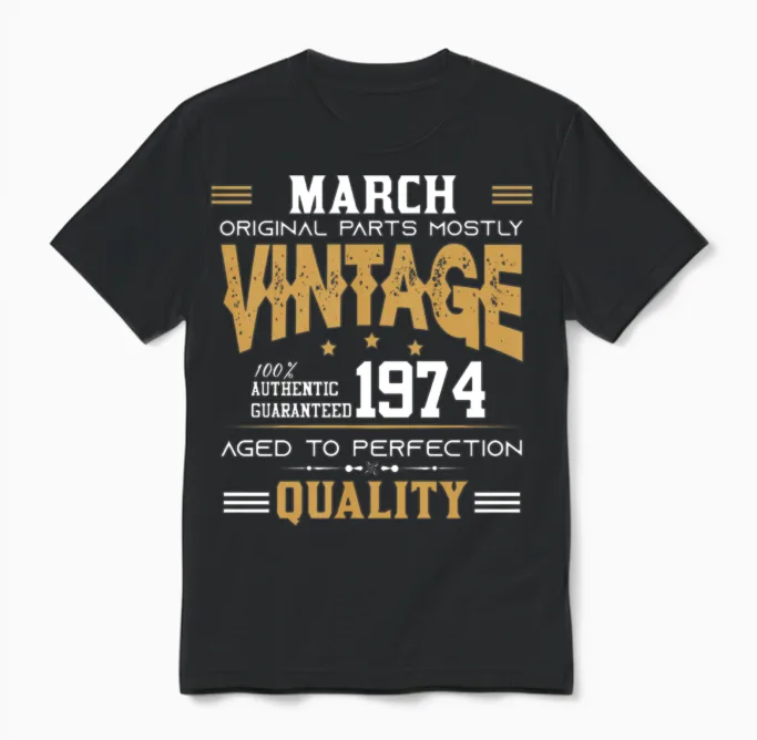 Vintage Aged to Perfection March 1974 Unisex T-Shirt in Black
