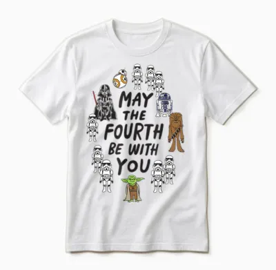 Amazon Essentials Boys' May the Fourth Be with You Doodle Characters T-Shirt, White, Small Unisex T-Shirt - White