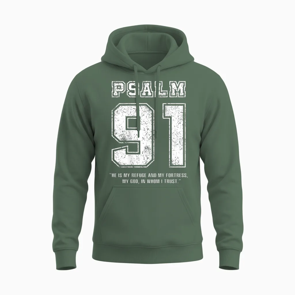 Psalm 91 Jersey Look Bible Verse (back Print Only) Christian T-Shirt, Black Unisex Hoodie in Military Green
