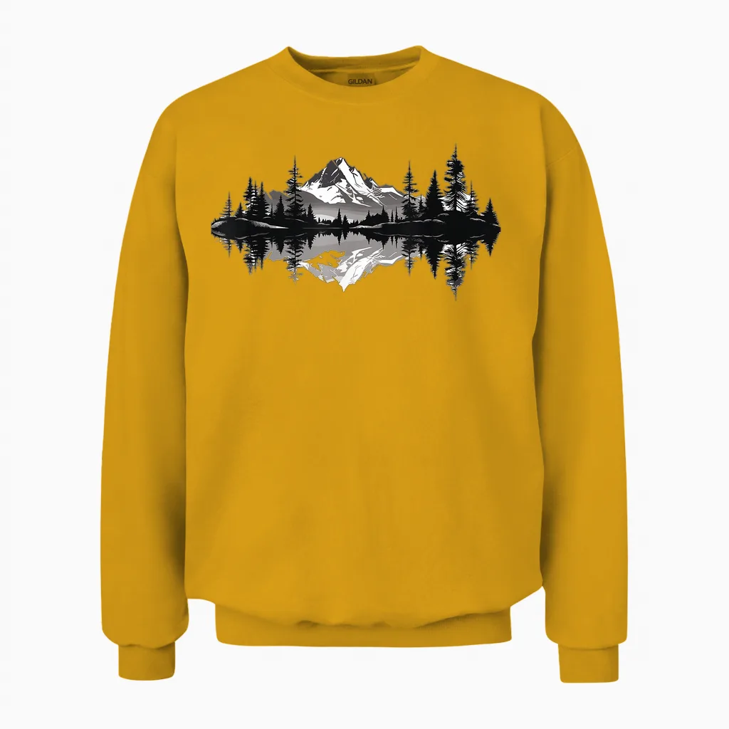 Mountain Landscape Reflection Forest Trees Outdoor Wildlife Unisex Sweatshirt in Gold