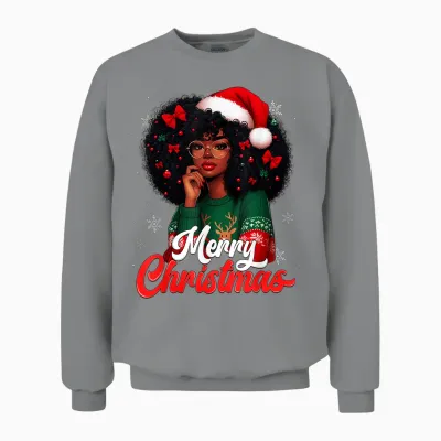 Black Girl Santa Hat Merry Christmas Pajama African American Unisex Sweatshirt - Sport Grey