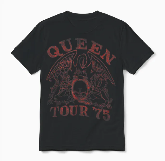 Official Queen Tour 75 T-Shirt, Black, S Unisex T-Shirt in Black