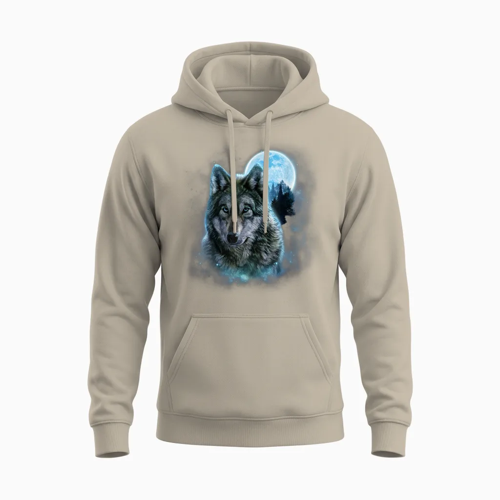 Grey Wolf Hunting Ground, Icy Moon, Forest, Galaxy Unisex Hoodie in Sand