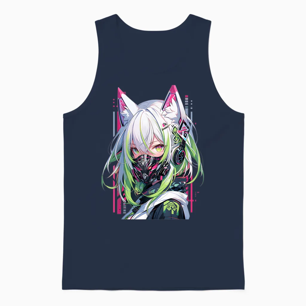 Manga Anime Aesthetic Cyberpunk Techwear Harajuku T-Shirt, Black Unisex Tank Top in Navy