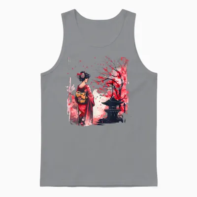 Japanese Geisha Sakura Cherry Blossom Pagoda Geisha Girl T-Shirt, Black, S Unisex Tank Top - Sport Grey