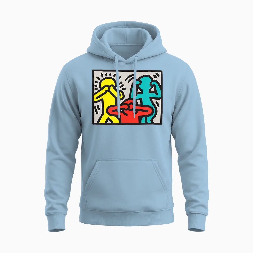 Keith Haring See Hear Speak Nothing Boses Artwork T-Shirt, Blue Unisex Hoodie in Light Blue